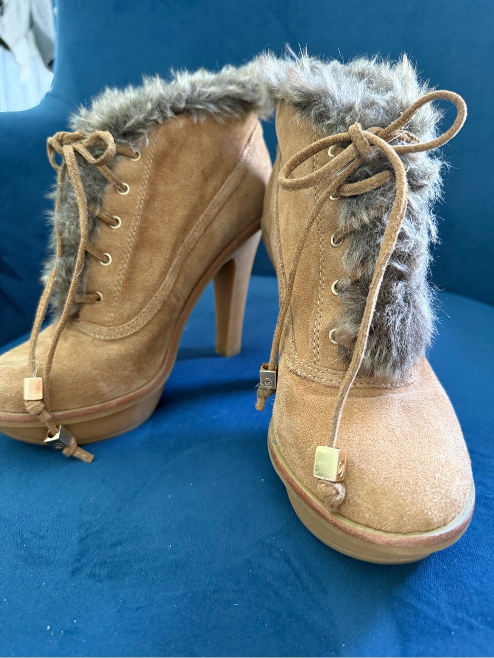 Michael Kors Tan Suede Lace-Up Faux Fur Ankle Booties